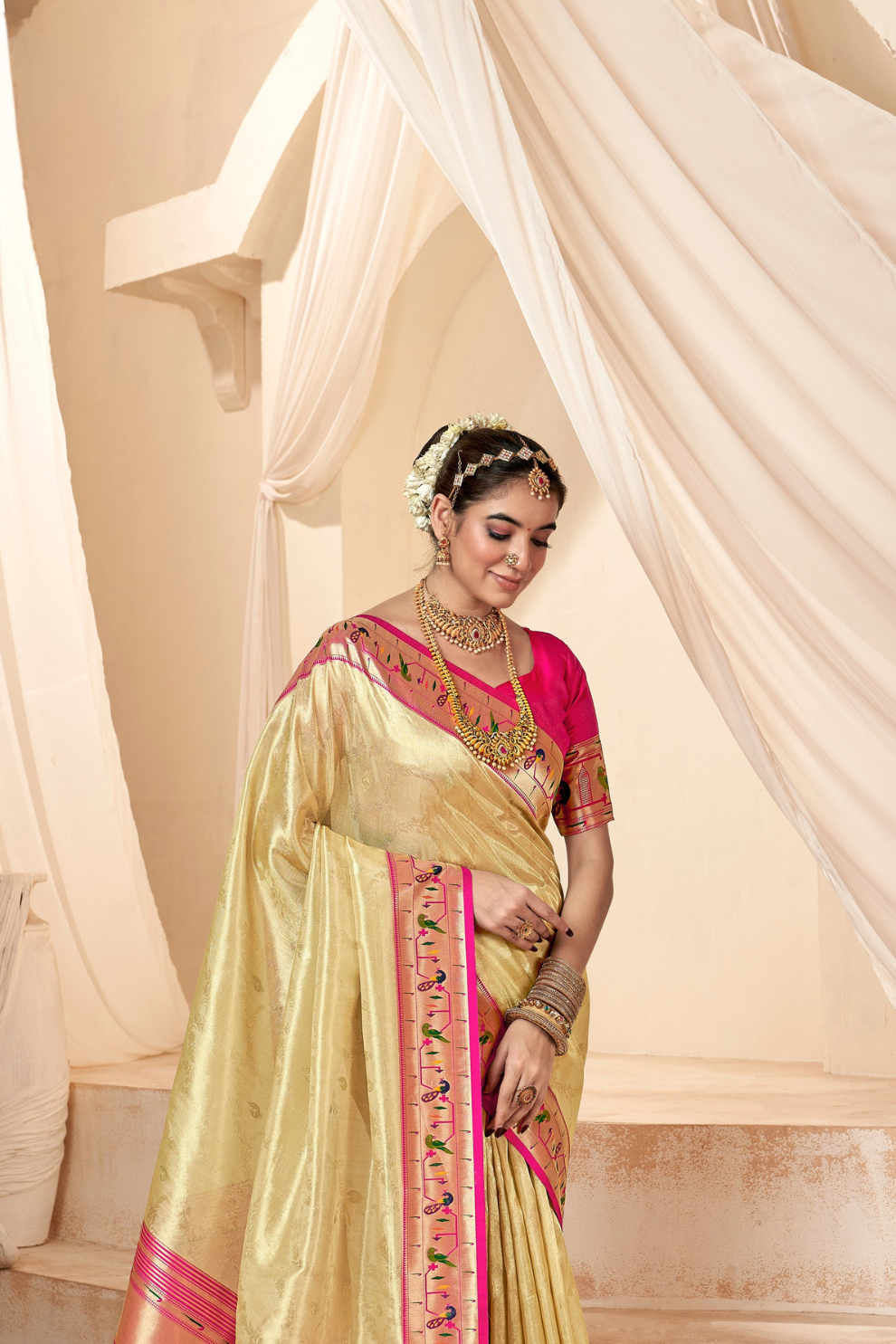 Pure Paithani Tissue Silk Saree with Rich Zari Border - LaVante Fashion
