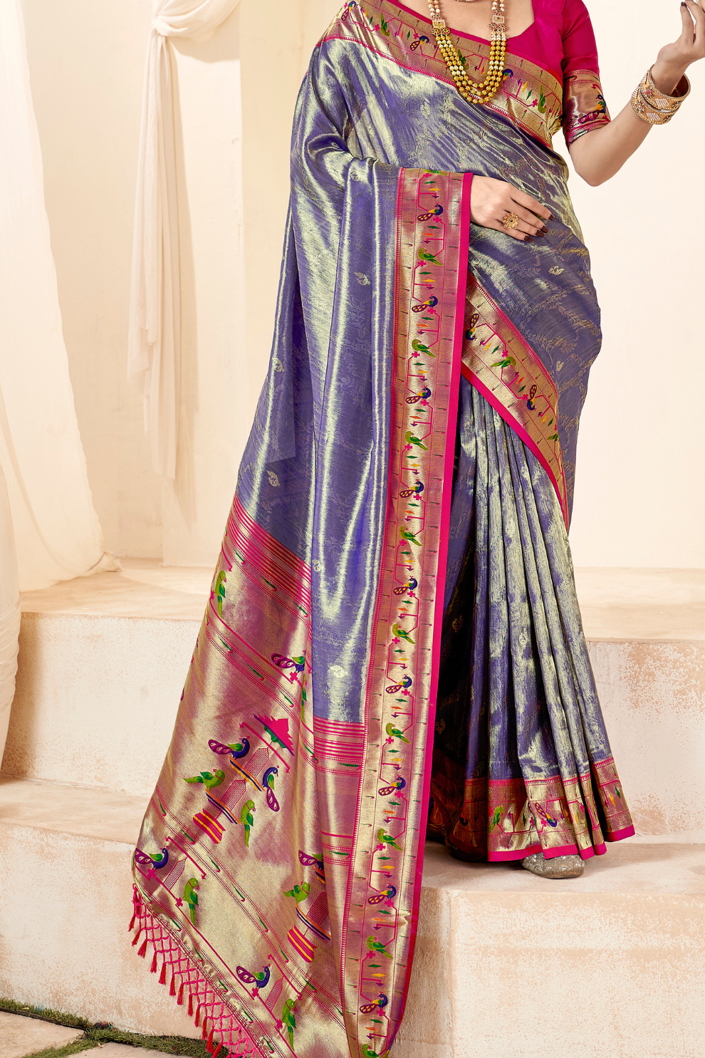 Pure Paithani Tissue Silk Saree with Rich Zari Border - LaVante Fashion