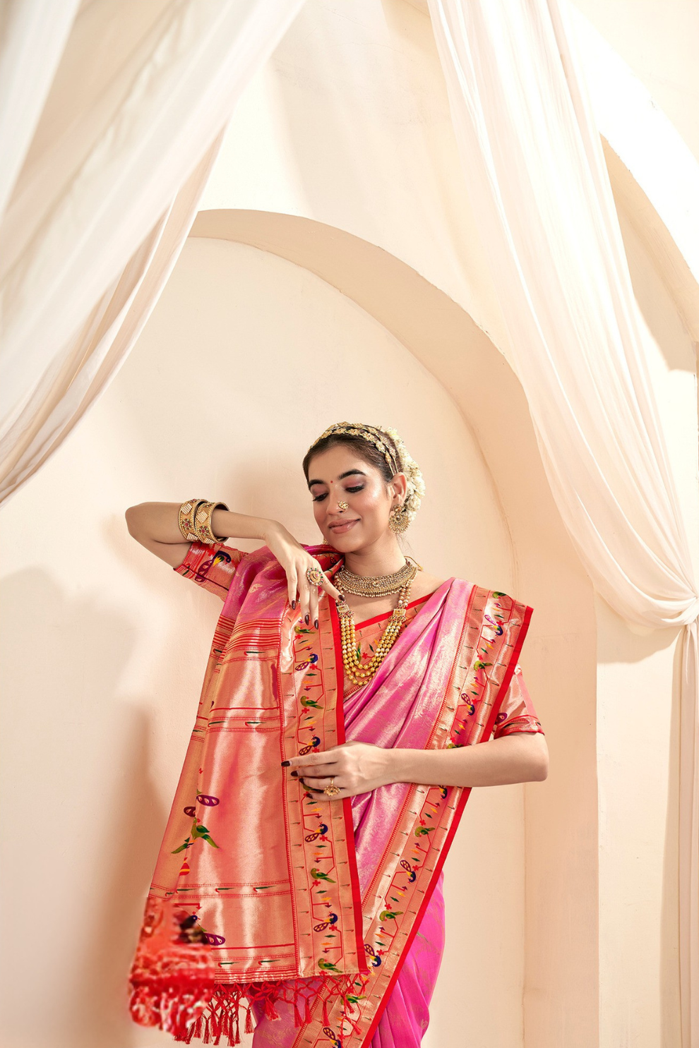 Pure Paithani Tissue Silk Saree with Rich Zari Border - LaVante Fashion