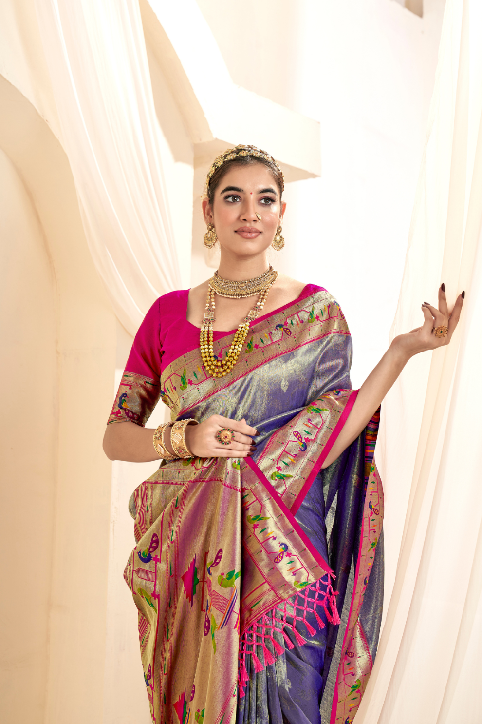 Pure Paithani Tissue Silk Saree with Rich Zari Border - LaVante Fashion
