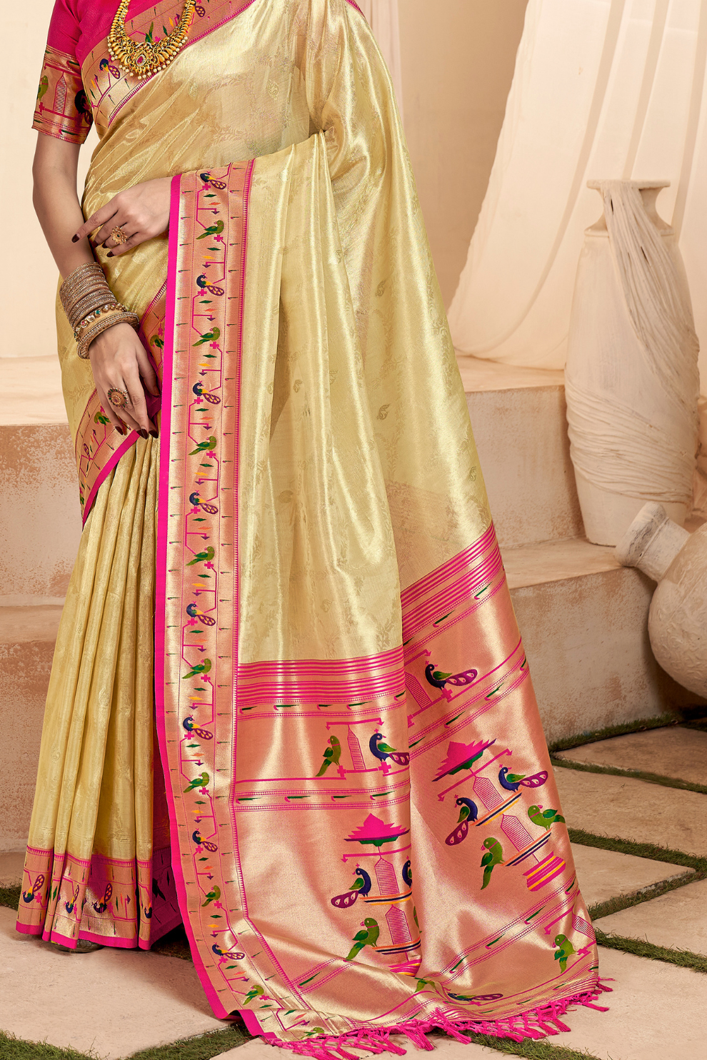 Pure Paithani Tissue Silk Saree with Rich Zari Border - LaVante Fashion