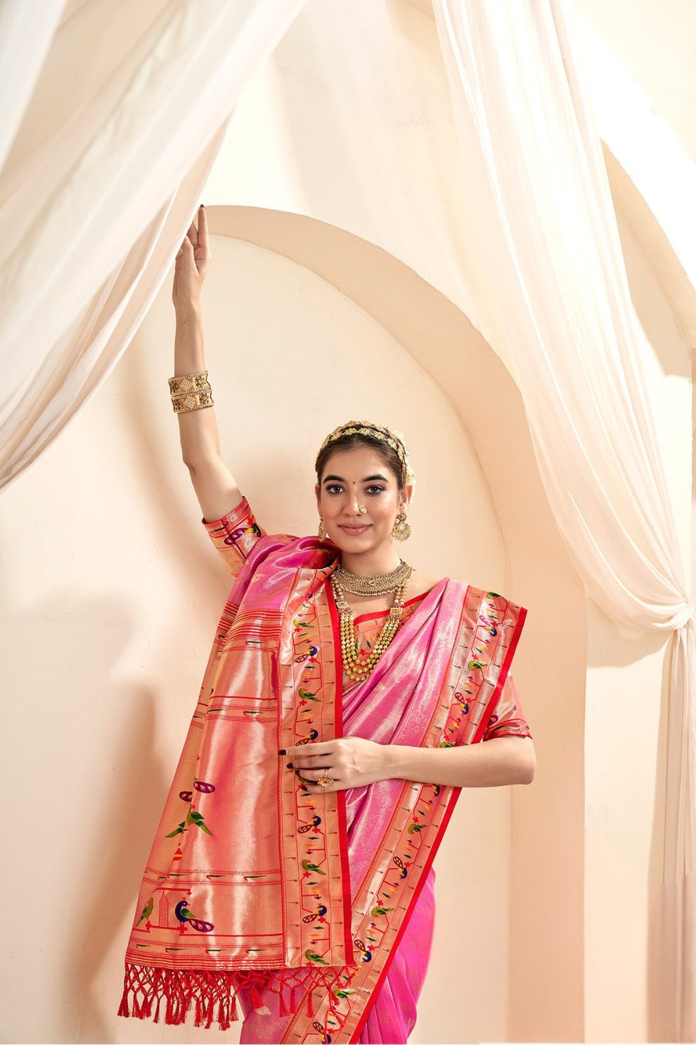 Pure Paithani Tissue Silk Saree with Rich Zari Border - LaVante Fashion