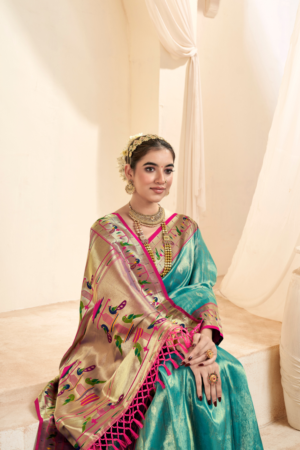 Pure Paithani Tissue Silk Saree with Rich Zari Border - LaVante Fashion