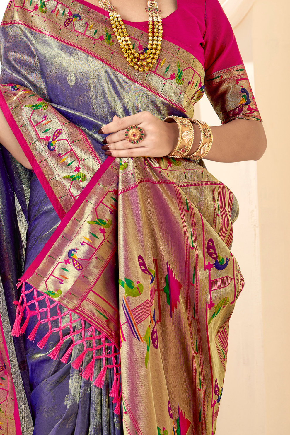 Pure Paithani Tissue Silk Saree with Rich Zari Border - LaVante Fashion