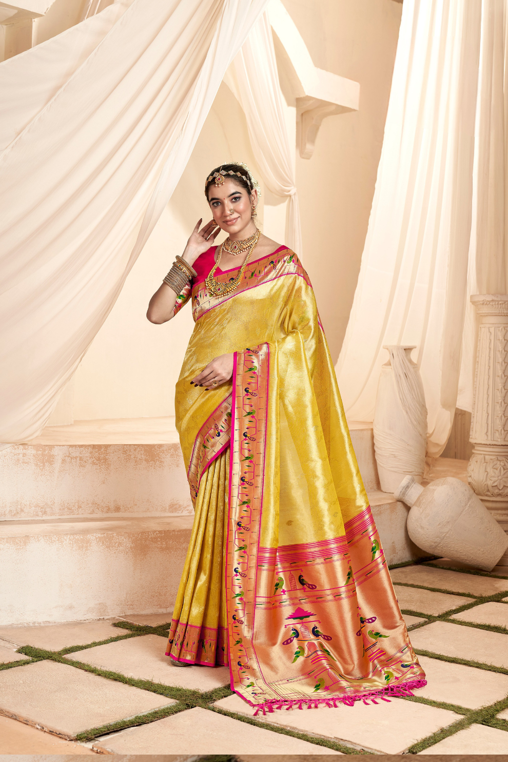 Pure Paithani Tissue Silk Saree with Rich Zari Border - LaVante Fashion