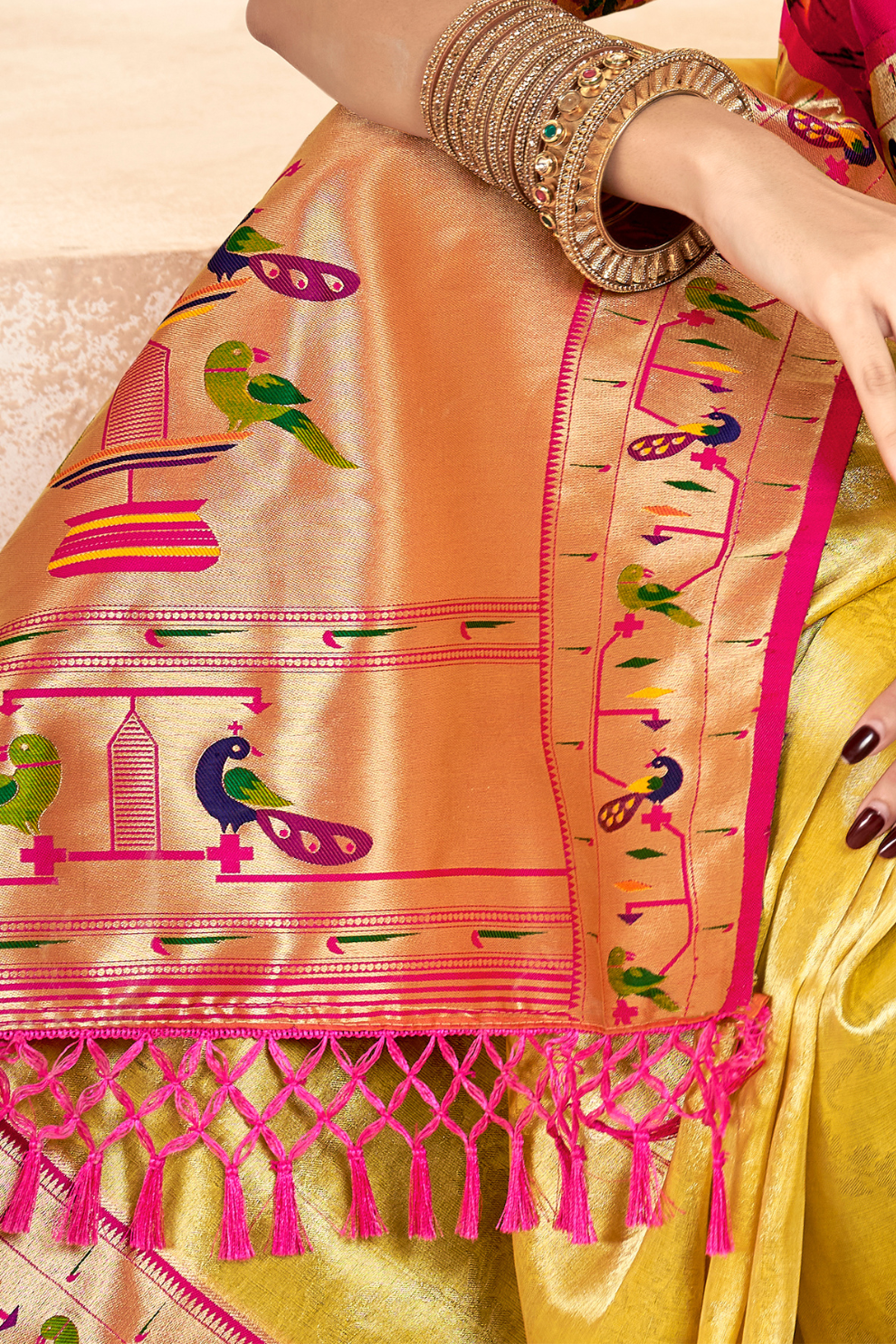 Pure Paithani Tissue Silk Saree with Rich Zari Border - LaVante Fashion