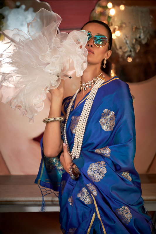 Banarasi Satin Silk Saree with Dual Zari Motifs Finish