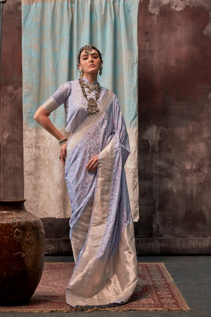 Lustrous Pure Satin Silk Saree with Banarasi Handloom Weave