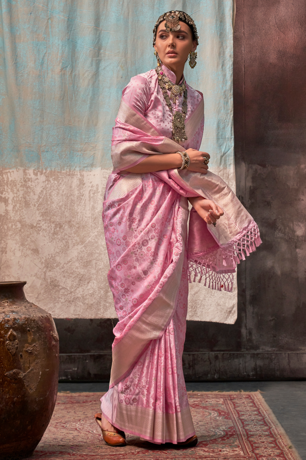 Lustrous Pure Satin Silk Saree with Banarasi Handloom Weave