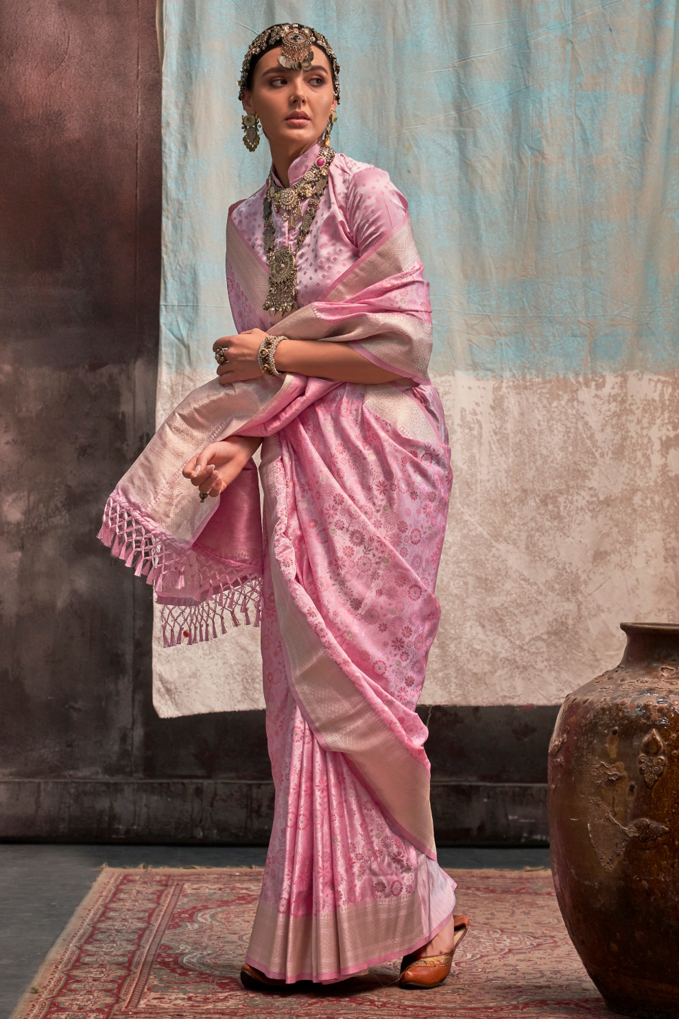 Lustrous Pure Satin Silk Saree with Banarasi Handloom Weave