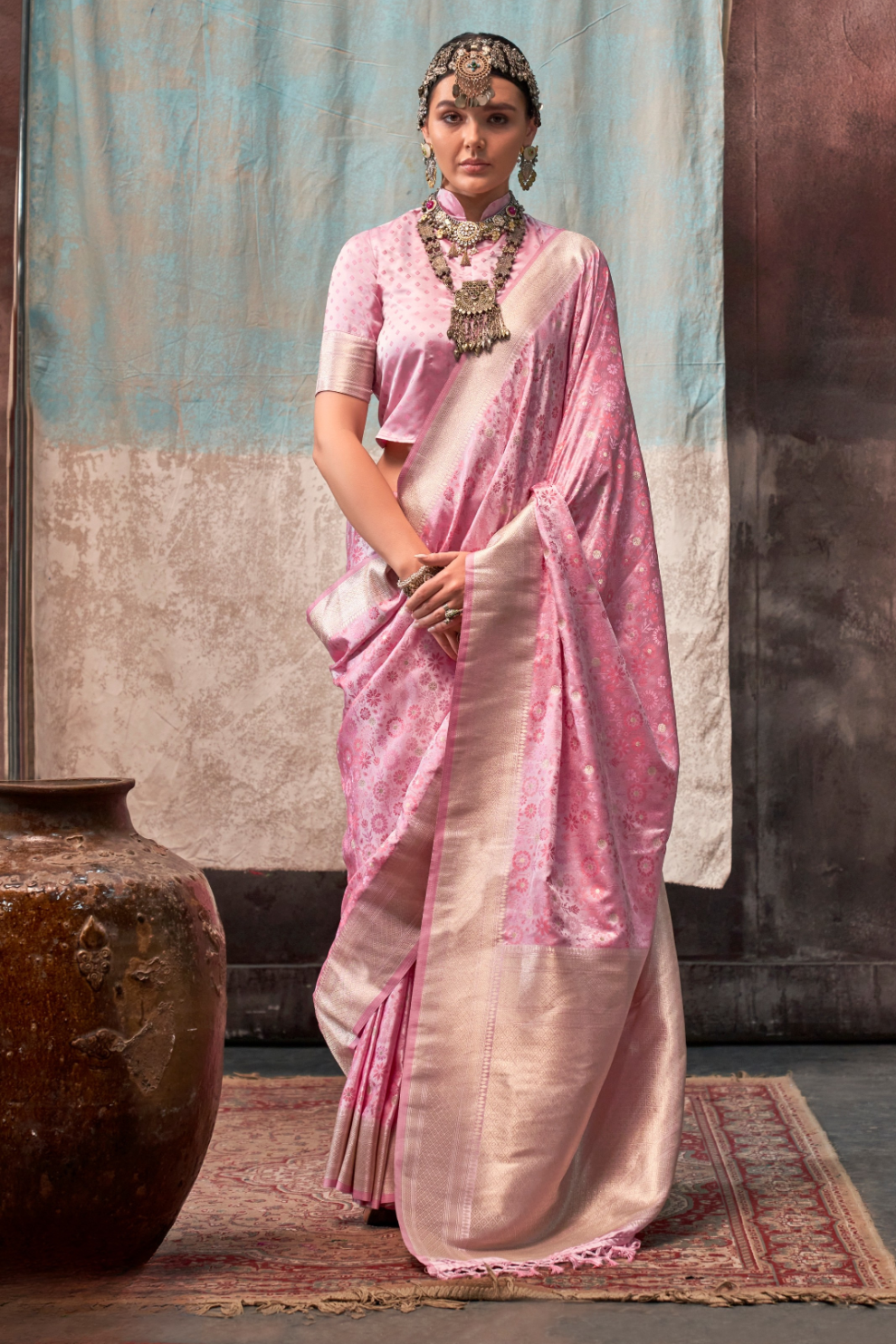 Lustrous Pure Satin Silk Saree with Banarasi Handloom Weave