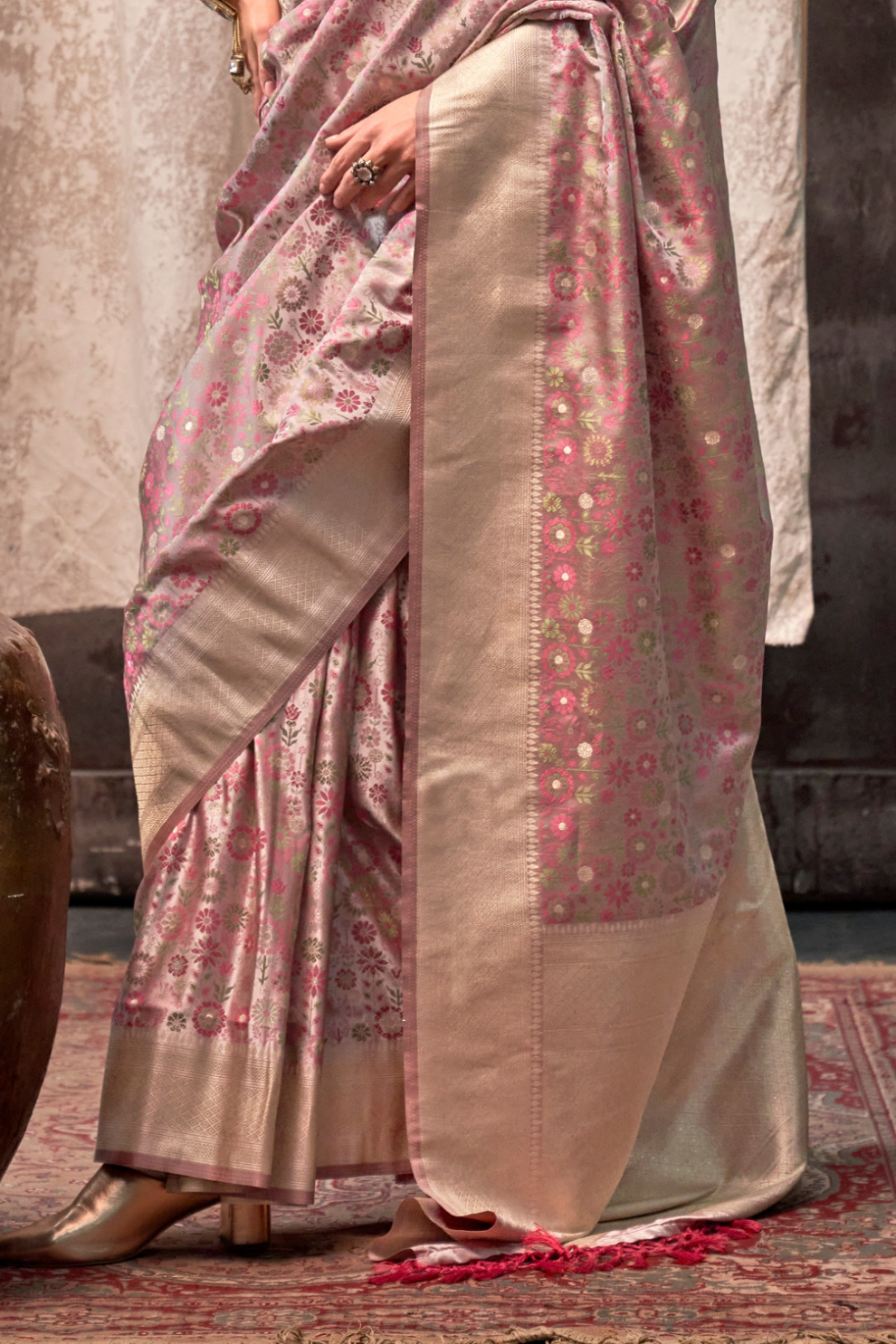 Lustrous Pure Satin Silk Saree with Banarasi Handloom Weave