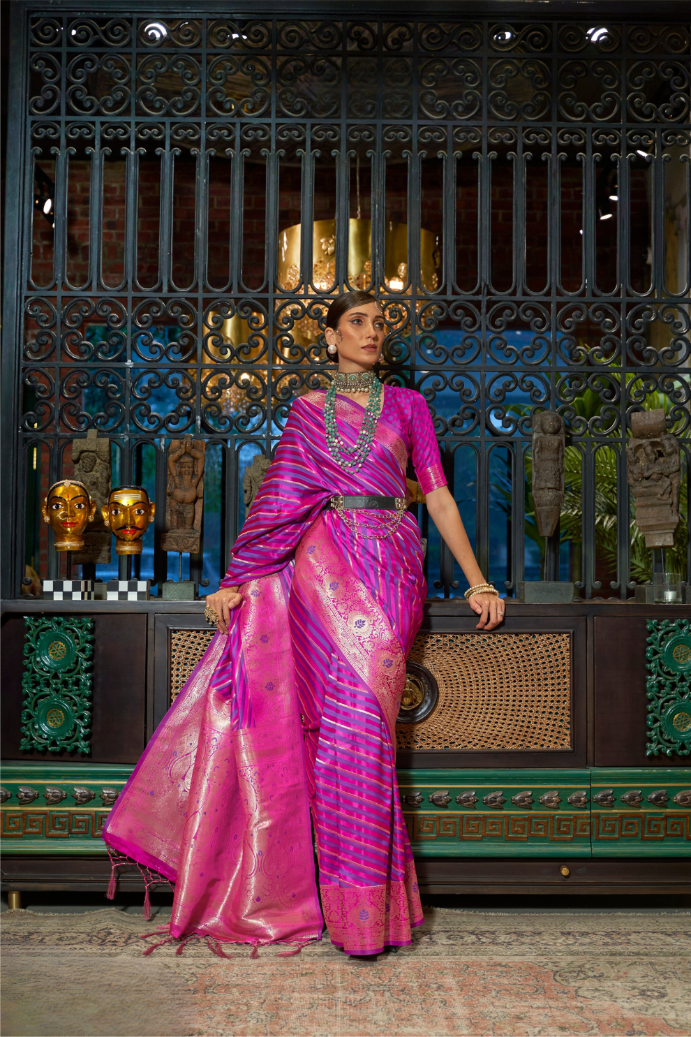 Elegant Fuchsia Satin Saree with Smooth Lustrous Finish