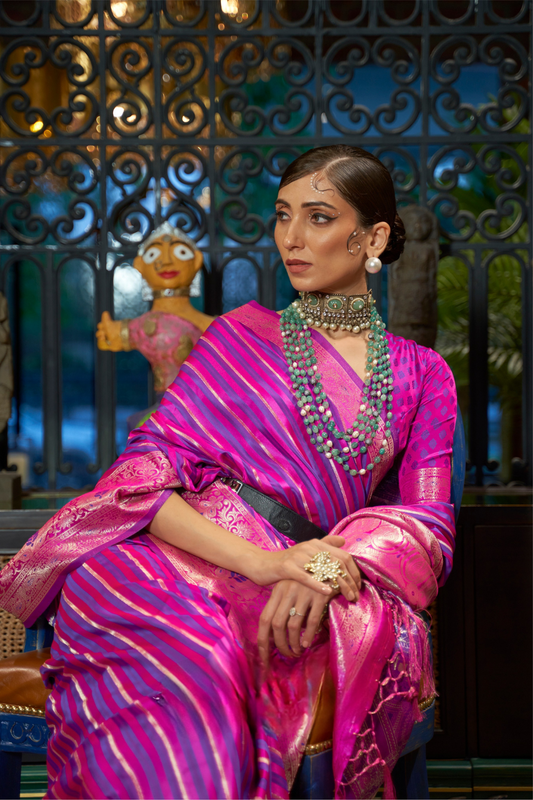 Elegant Fuchsia Satin Saree with Smooth Lustrous Finish