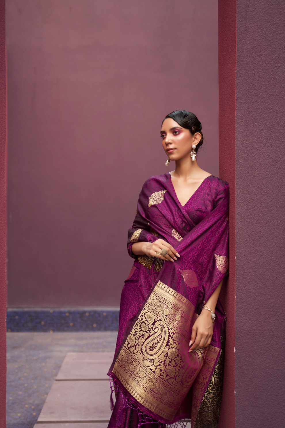 Printed Silk Saree with Zari Border and Tassels