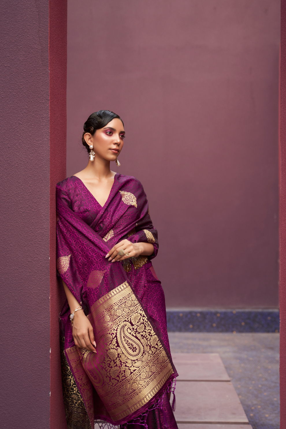 Printed Silk Saree with Zari Border and Tassels