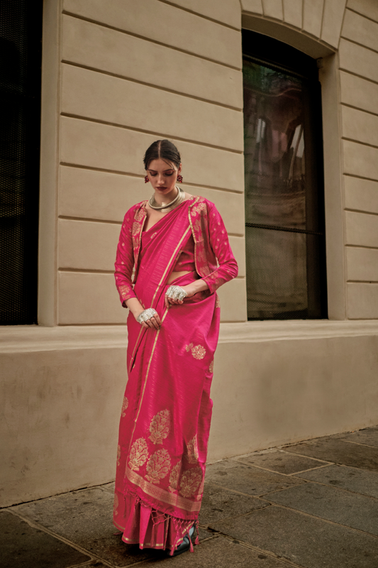 Zari Handloom Woven Satin Silk Saree with Lustrous Finish