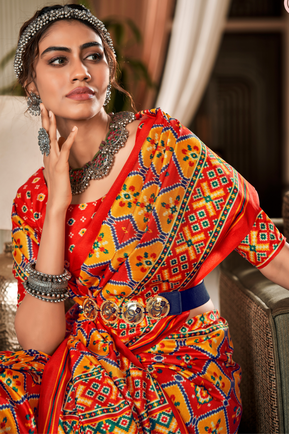 Pure Tussar Silk Saree with Patola Print & Lagdi Patta Pallu - LaVante Fashion