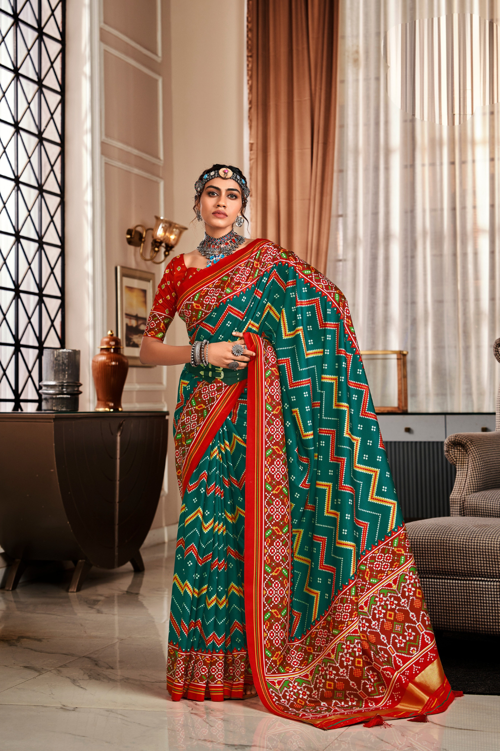 Pure Tussar Silk Saree with Patola Print & Lagdi Patta Pallu - LaVante Fashion