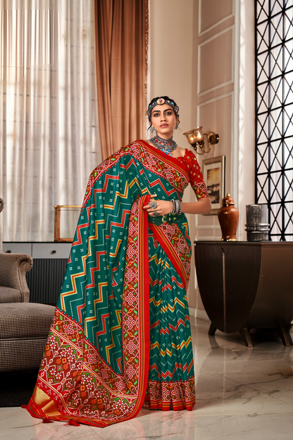 Pure Tussar Silk Saree with Patola Print & Lagdi Patta Pallu - LaVante Fashion