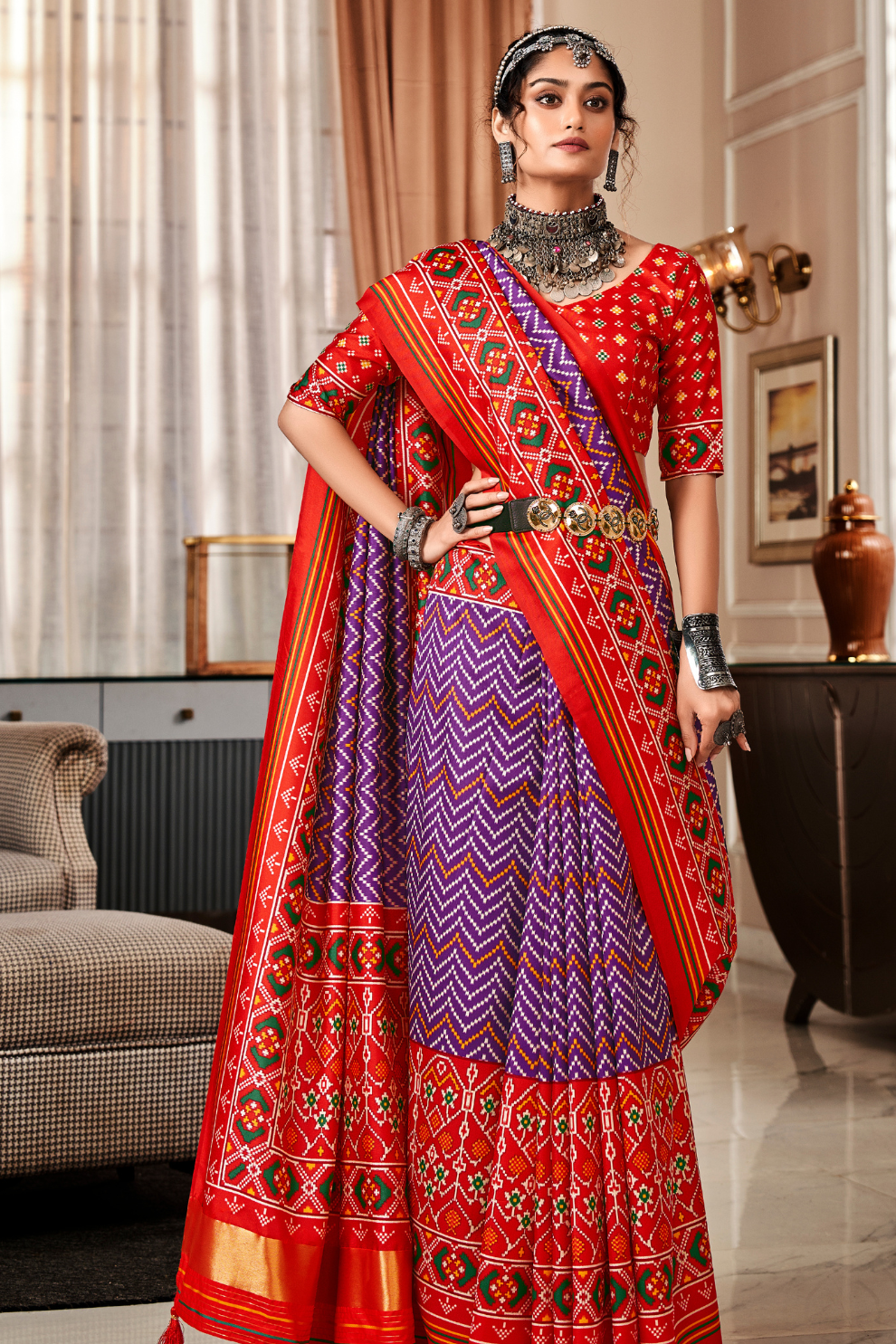 Pure Tussar Silk Saree with Patola Print & Lagdi Patta Pallu - LaVante Fashion