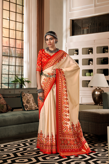 Pure Tussar Silk Saree with Patola Print & Lagdi Patta Pallu - LaVante Fashion