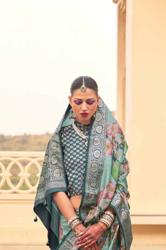 Modern Foil Printed Silk Saree with Aqua Inspired Finish