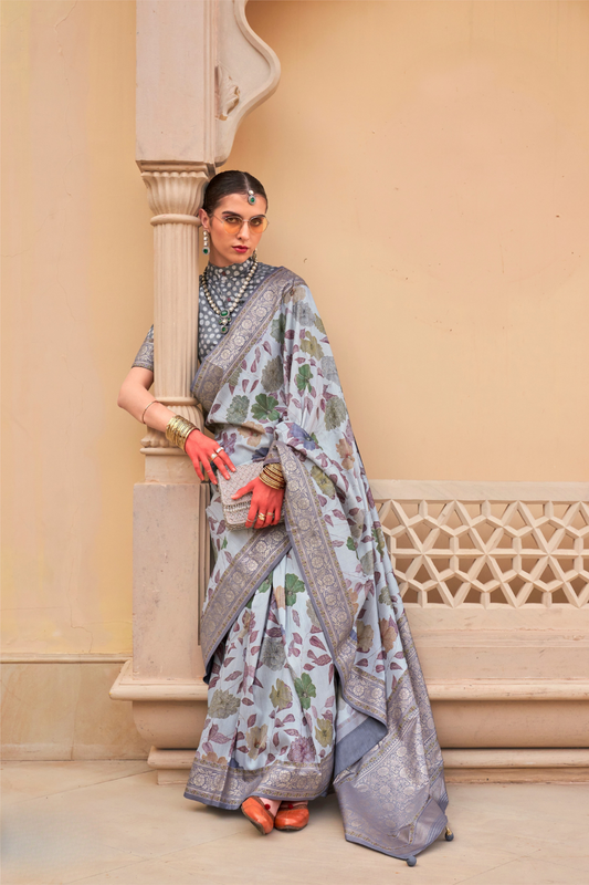 Modern Foil Printed Silk Saree with Aqua Inspired Finish