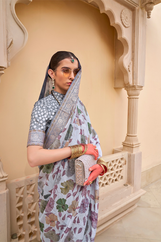 Modern Foil Printed Silk Saree with Aqua Inspired Finish