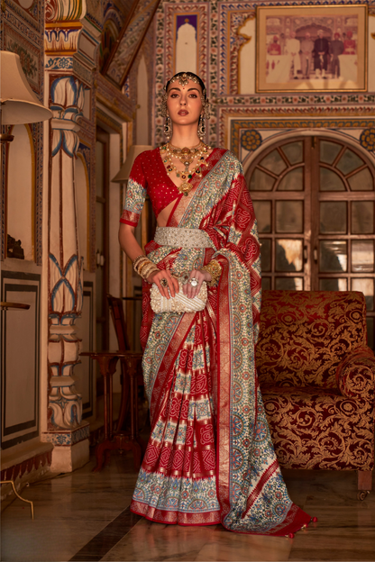 Elegant Pure Silk Bandhani Saree with Weaving and Artistic Print