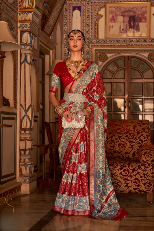 Elegant Pure Silk Bandhani Saree with Weaving and Artistic Print