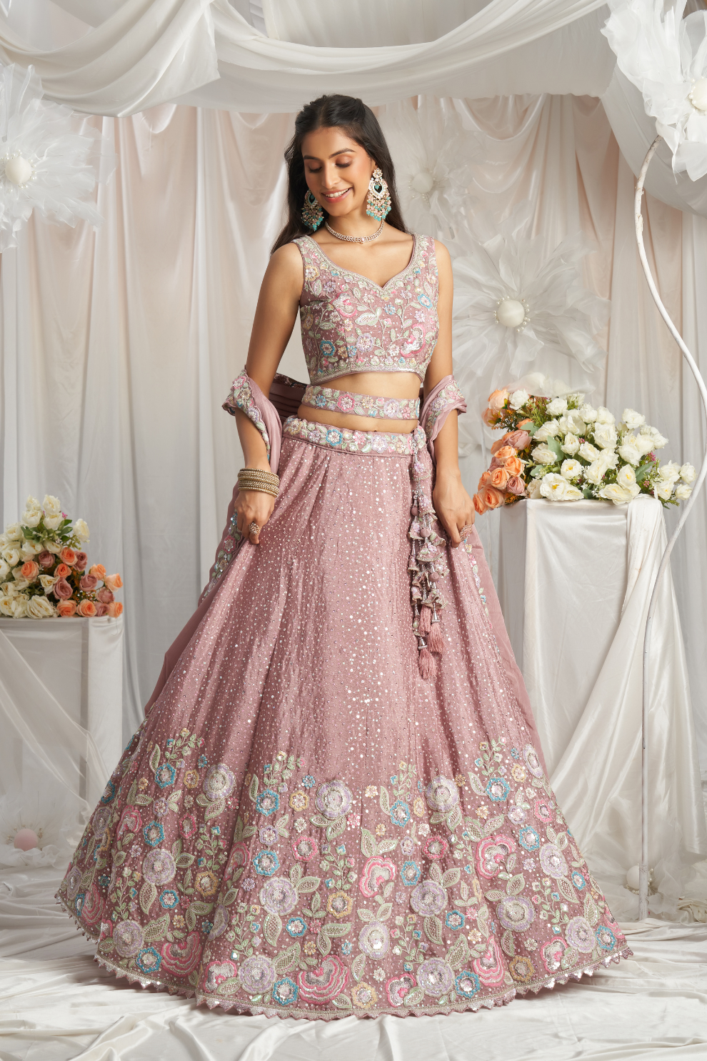 Pure Chiffon Sequins And Thread Embroidery Lehenga Choli Dupatta