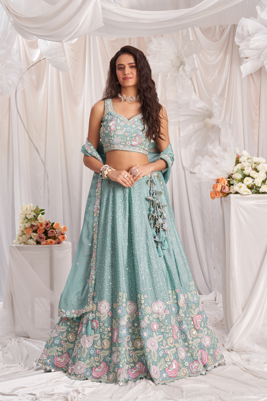 Pure Chiffon Sequins And Thread Embroidery Lehenga Choli Dupatta