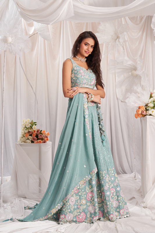 Pure Chiffon Sequins And Thread Embroidery Lehenga Choli Dupatta