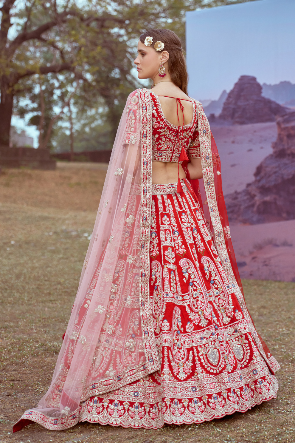 Pure Silk Moti And Cording Embroidery Bridal Lehenga Choli Dupatta