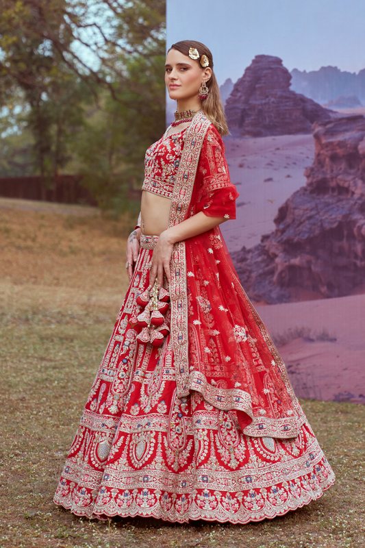 Pure Silk Moti And Cording Embroidery Bridal Lehenga Choli Dupatta