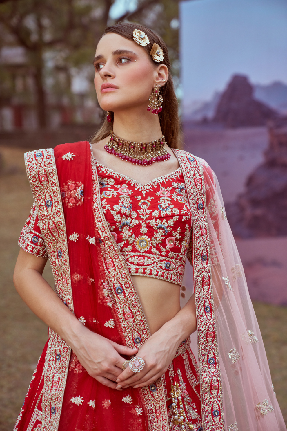 Pure Silk Moti And Cording Embroidery Bridal Lehenga Choli Dupatta
