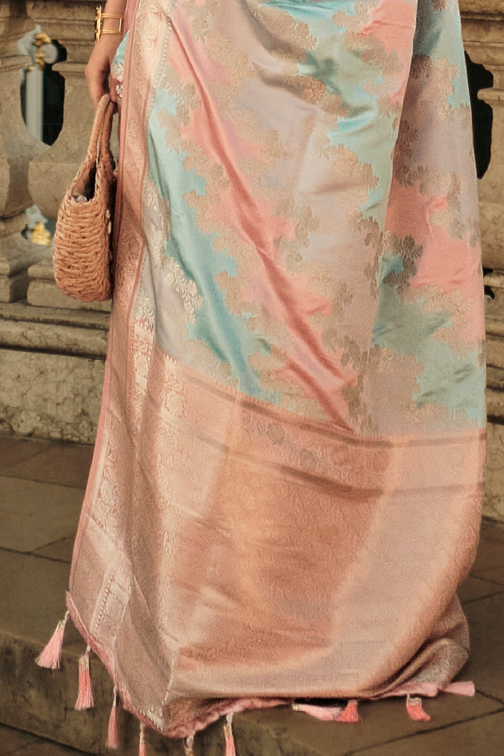 Banarasi Woven Satin Silk Blend Saree with Tassel Accents