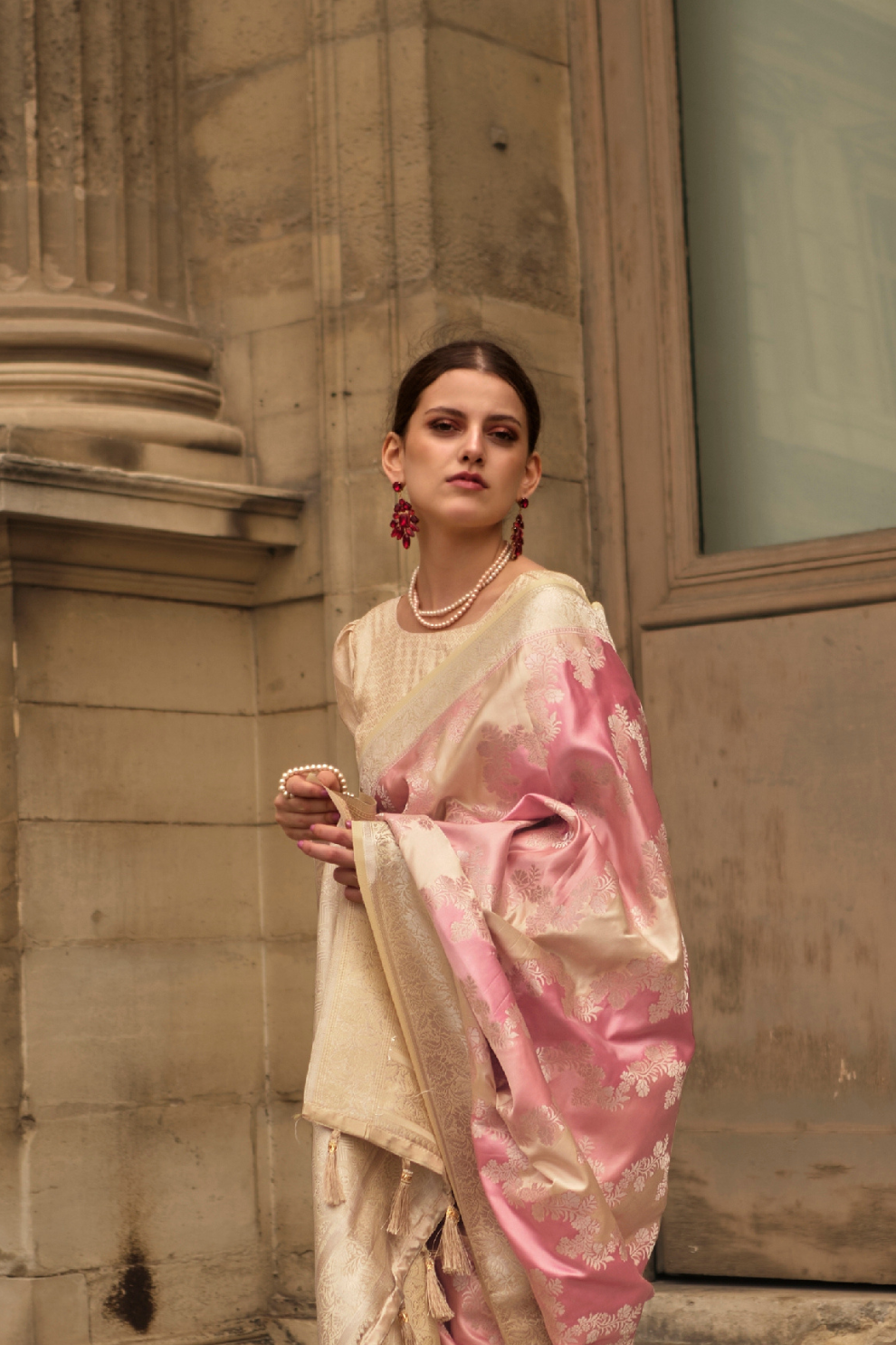 Banarasi Woven Satin Silk Blend Saree with Tassel Accents