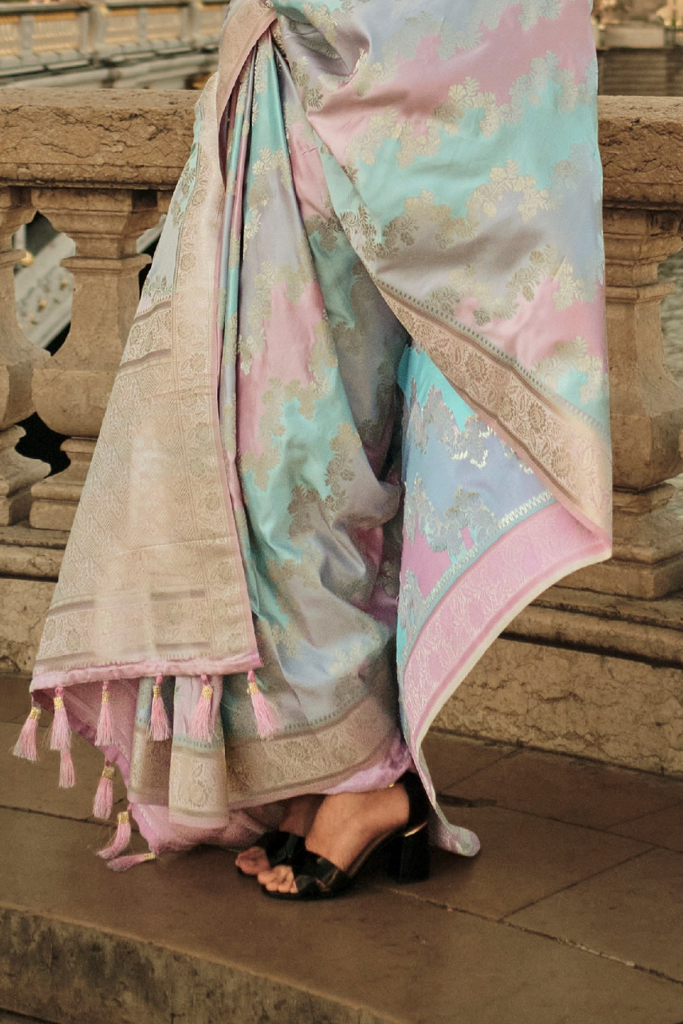 Banarasi Woven Satin Silk Blend Saree with Tassel Accents