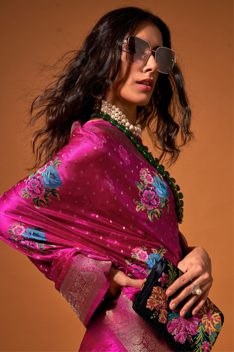 Elegant Floral Satin Silk Saree with Handloom Weaving Finish