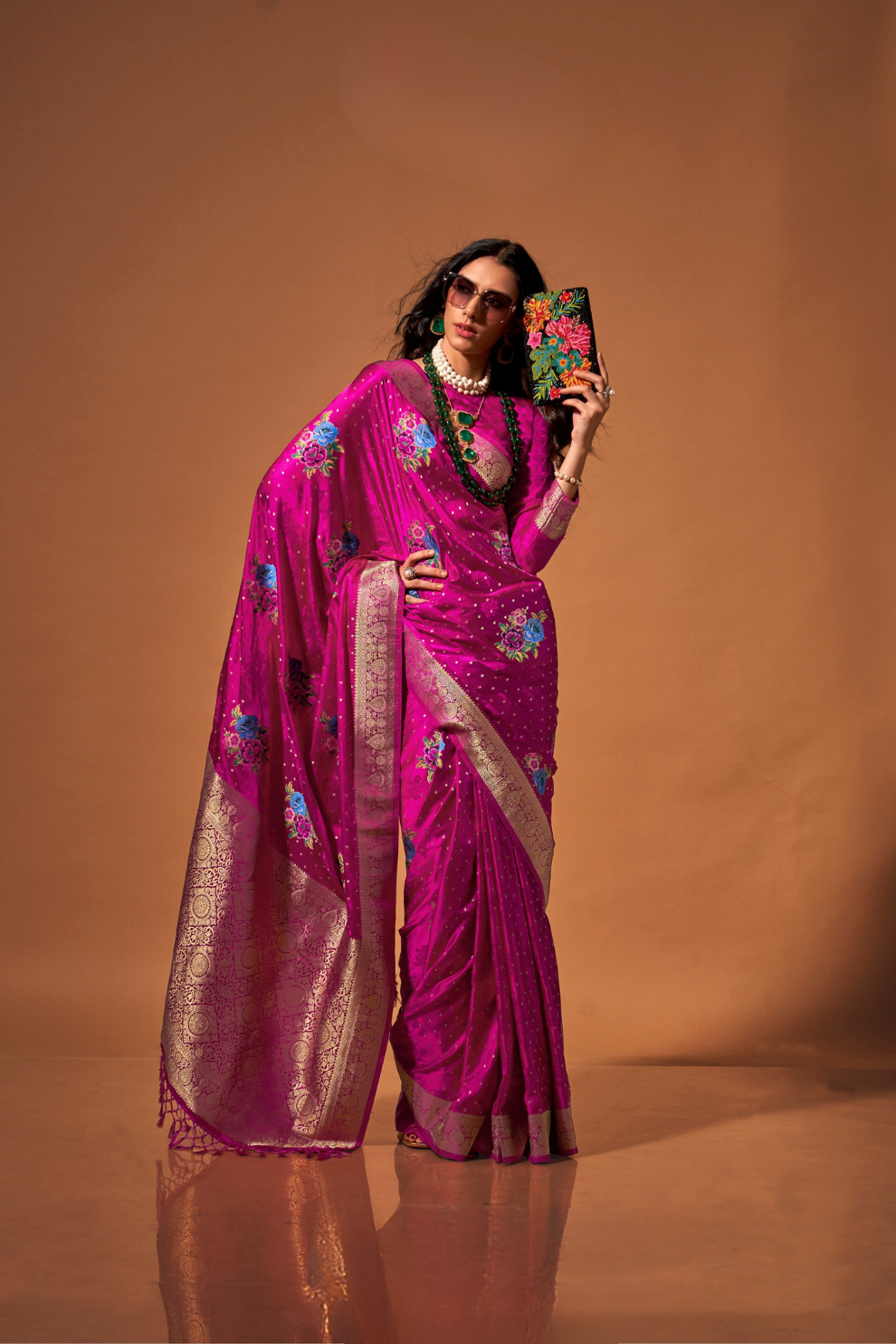 Elegant Floral Satin Silk Saree with Handloom Weaving Finish