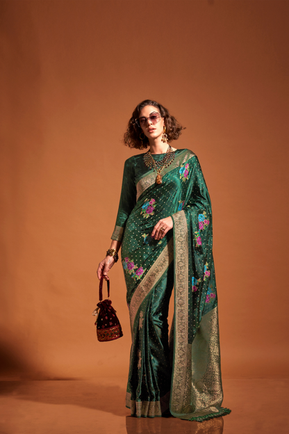 Elegant Floral Satin Silk Saree with Handloom Weaving Finish