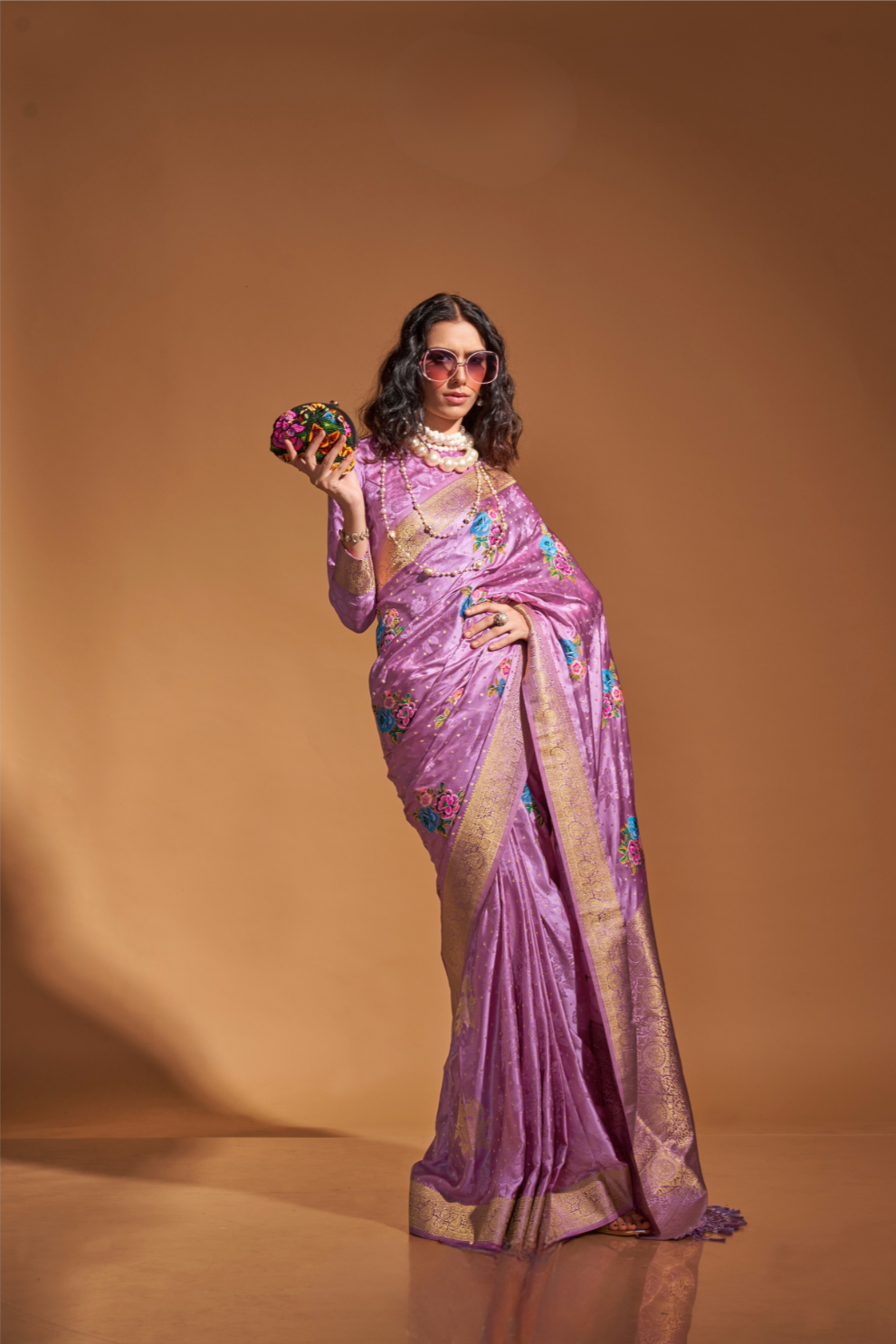 Elegant Floral Satin Silk Saree with Handloom Weaving Finish