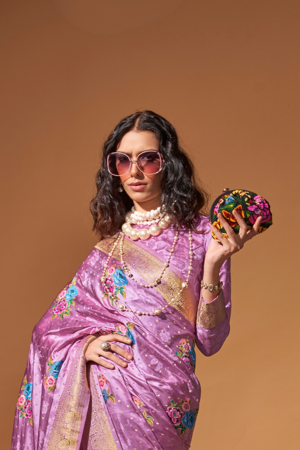 Elegant Floral Satin Silk Saree with Handloom Weaving Finish