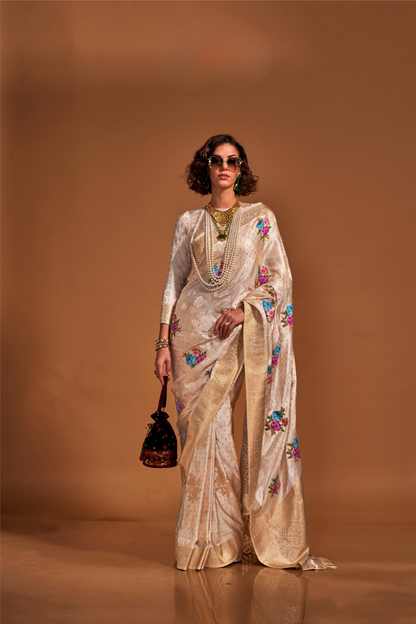 Elegant Floral Satin Silk Saree with Handloom Weaving Finish