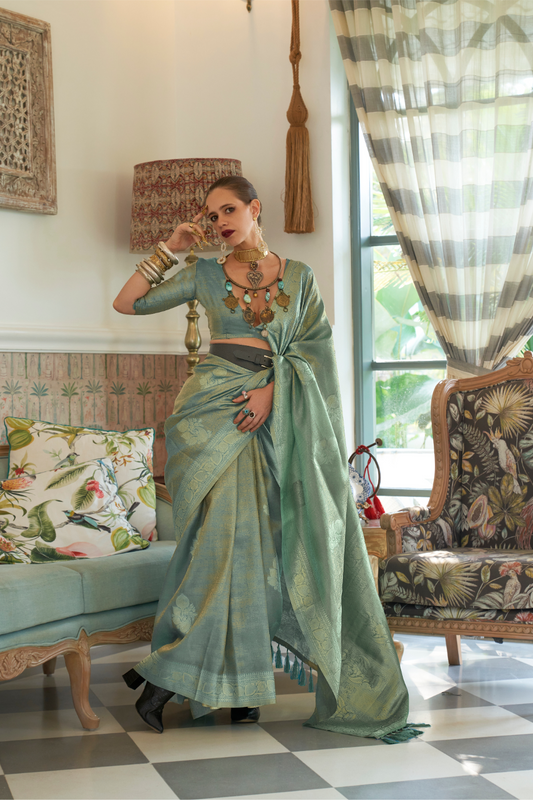 Woven Satin Tissue Silk Saree with Lustrous Texture and Graceful Drape