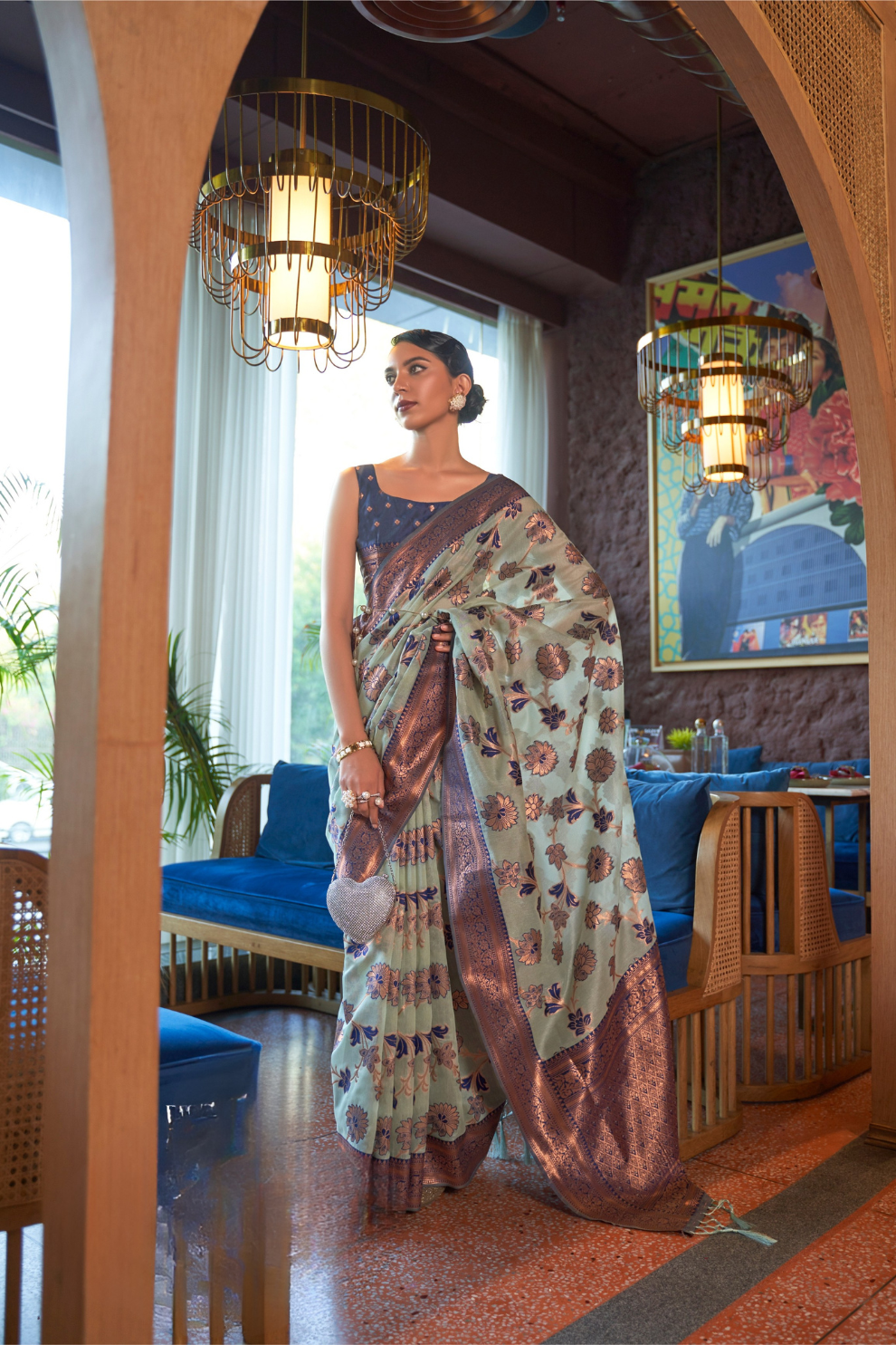 Shimmer Organza Silk Saree with Elegant Copper Zari Weaving