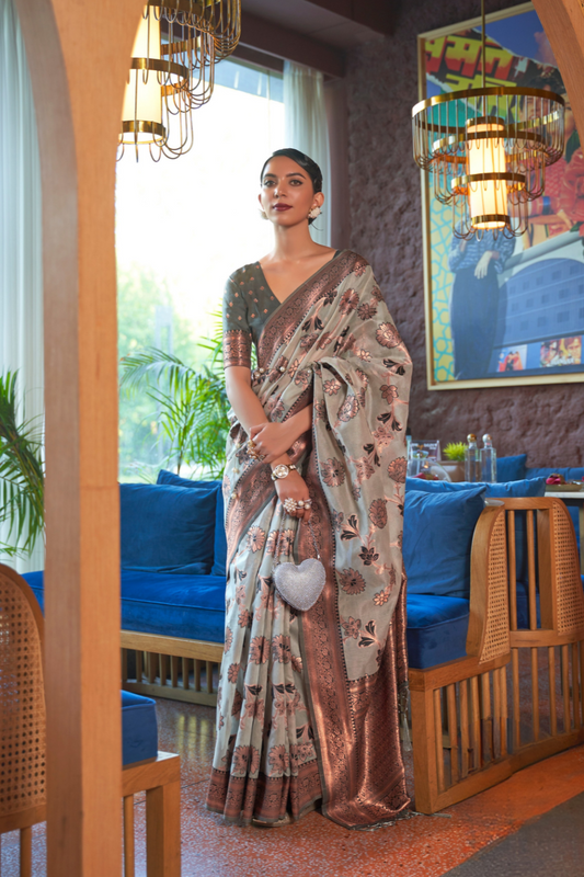 Shimmer Organza Silk Saree with Elegant Copper Zari Weaving