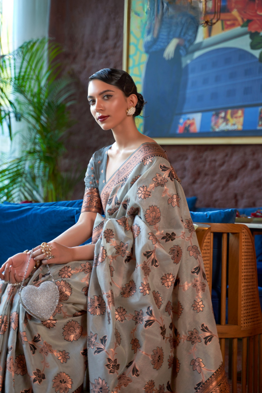 Shimmer Organza Silk Saree with Elegant Copper Zari Weaving